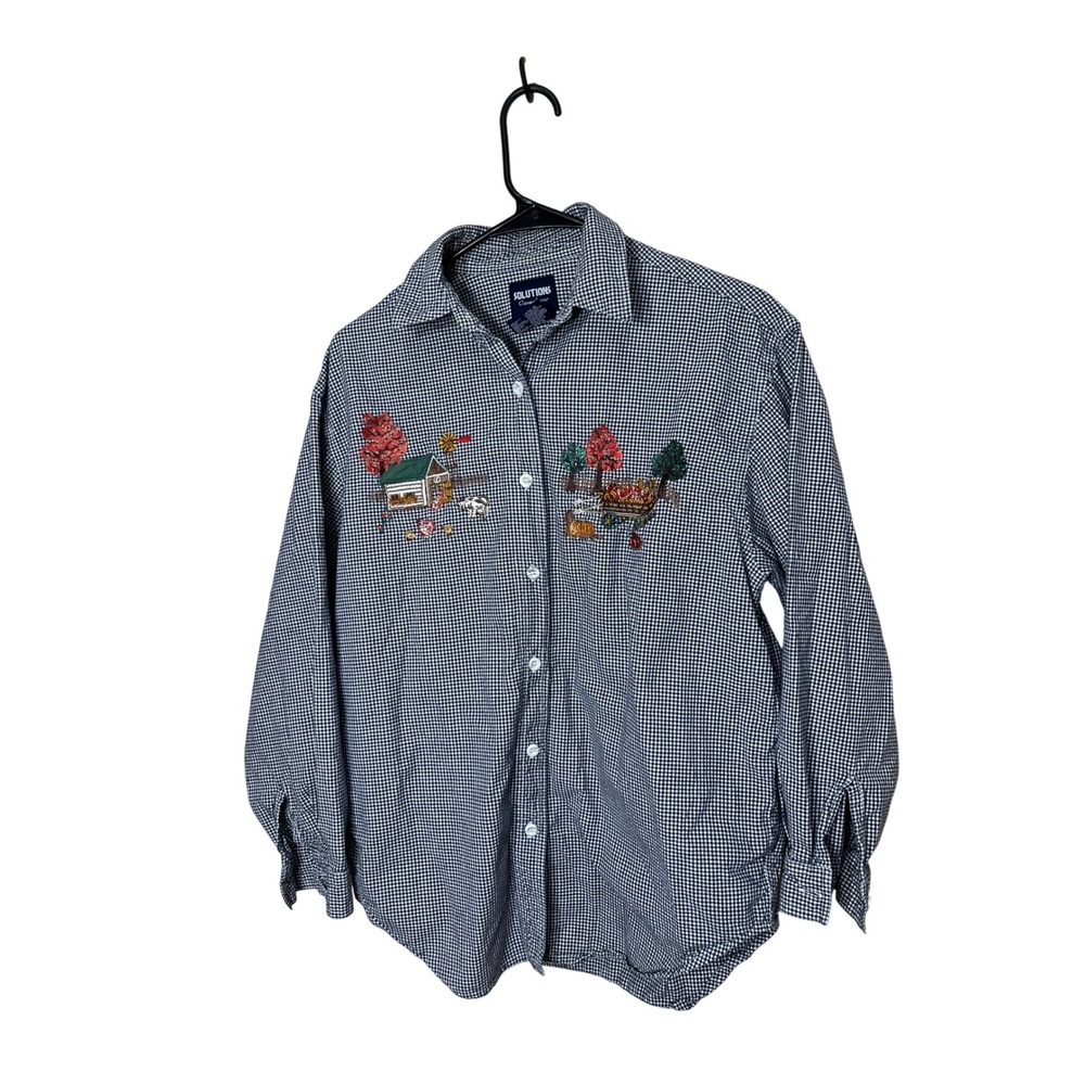 Solutions Casualwear Blue Gingham Embroidered Farm Scene Button‎ Up Shirt M